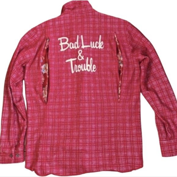 *Rare* FiberOps | Plaid Flannel Shirt 'Bad Luck & Trouble' Spellout Kimono - Picture 1 of 11
